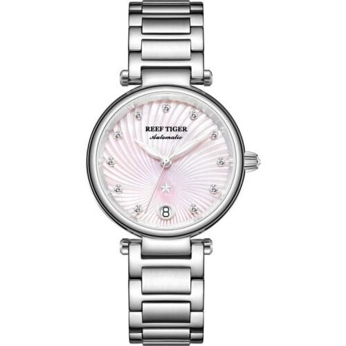 Reef Tiger women watches,lady automatic watch ladies mechanical wristwatch dress clock top luxury brand relogio steel strap