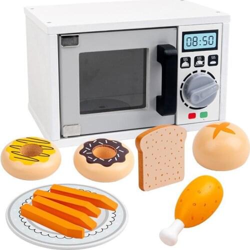Wooden Microwave Oven Toys For Kids Simulation Kitchen Bread Baking Food Kit Pretend Play Interactive Education Children Toy