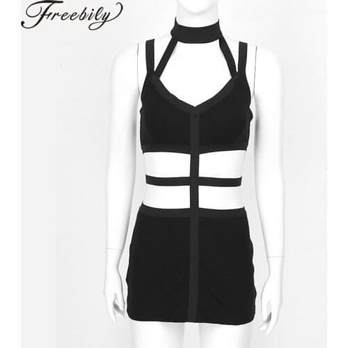 Women Halter Hollow Out Dress Summer Solid Black Badycon Sleeveless Backless Dresses Sexy Jazz Pole Dance Club Street Wear Chic