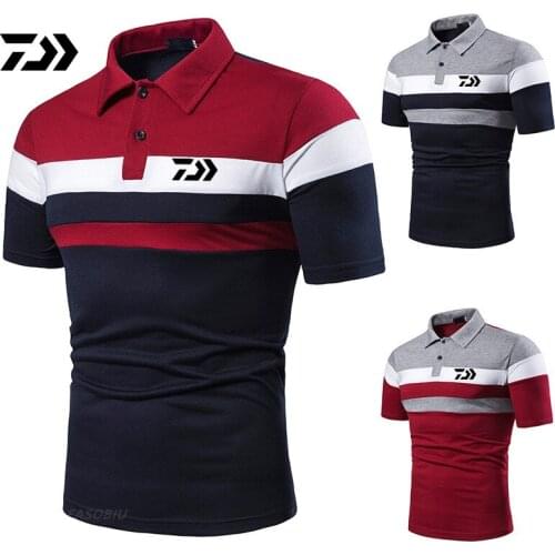 Daiwa Mens Short Sleeve Fishing T-shirt Stripes Color Matching Fashion Mens Lapel Short Sleeve Outdoor Fishing Polo Shirt
