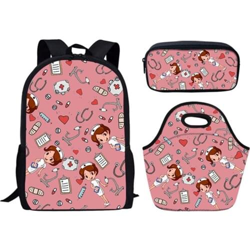 HALYUNASC Fashion 3PCs/Set Childrens School Backpack Cartoon Bear Nurse Pattern School Bags Teenagers Book-Bags Set