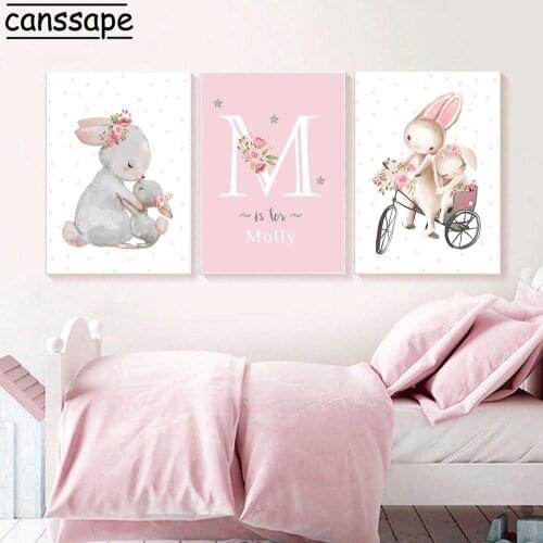 Personalise Custom Name Canvas Painting Rabbit Poster Nursery Prints Bunny Wall Art Print Nordic Wall Pictures Gir Room Decor