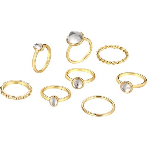 8PCS New Design Trend Fashion Women Metal Retro RingS Gold 1 Set Blue Zircon Joint Ring Jewelry Gift Party Accessories