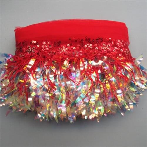2 Meters 15cm Red Sequins Mesh Lace Fabric Trim Ribbon Tassel Fringe Edge Embroidered Sewing Craft Wedding Prom Party Halloween
