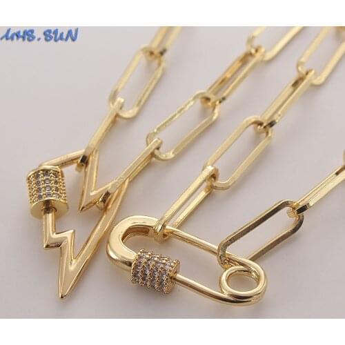 MHS.SUN New Zircon Lightning/Pin Shape Chuny Chain Necklace Gold Color Can Open Pendants Necklace For Women Fashion Jewelry