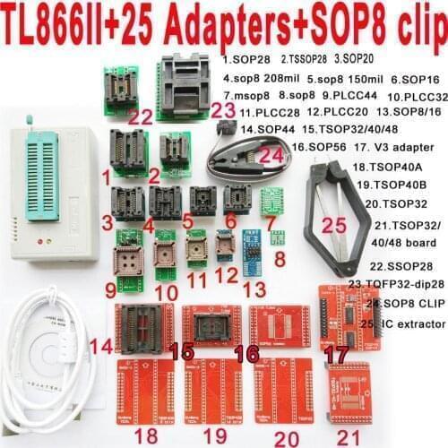 Minipro TL866II USB programmer 25 adapter socket SOP8 Clip IC clamp Bios Flash EPROM FOR IC Tester software serial series 74/54