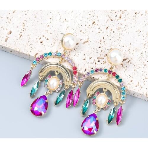 Fashion Multi-layer Metal Arched Imitation Pearl Rhinestone Earrings Womens Creative Popular Dangle Earrings Party Accessories