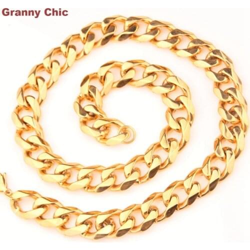 Granny Chic 19mm 18"-40" Mens Jewelry Hip Hop Wide Heavy Gold Color Stainless Steel Curb Link Chain Necklace