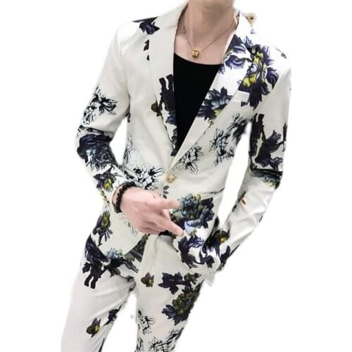 2021 Spring Summer Printed Business Blazers Male Slim Fit Casual Suit Of Two Pieces Jackets+Pants Grooms Wedding Dress Mens