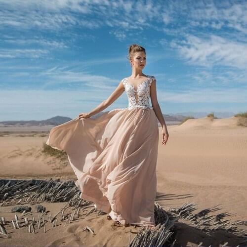 New Charming Nude Lace Cap Sleeves Prom Party Dresses Sheer Jewel Neck Appliqued Full Length Wedding Guest Gowns Affordable 2021