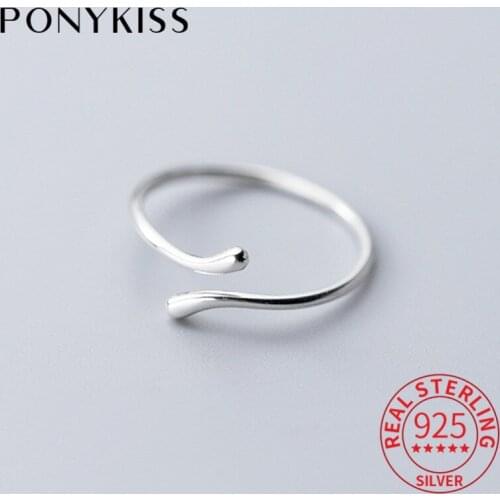 PONYKISS 100% S925 Sterling Silver Glossy lines Adjustable Opening Ring Women Fine Jewelry Accessory Girl Party Gift