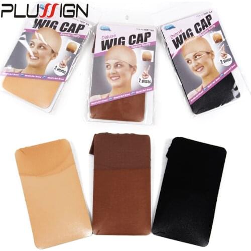 Plussign 2Pcs/Pack Deluxe Wig Caps For Making Wigs Free Size Unisex Elastic Dome Cap Nylon Hair Net Black Beige Red Coffee Color