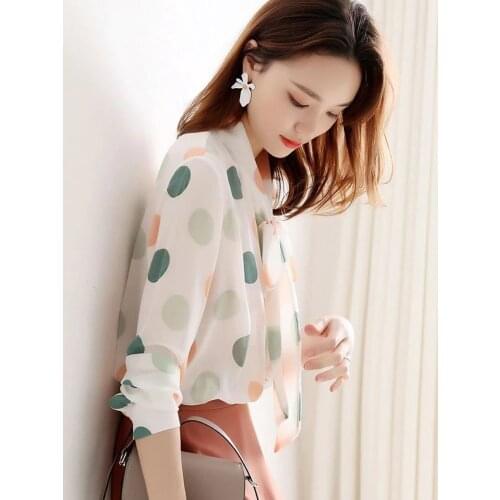 Bow Neck Chiffon Women Blouse Summer New 2021 Long-Sleeved Elegant Fashion Office Lady Work Shirts Outwear Tops