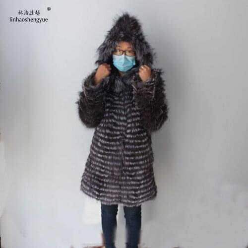 Linhaoshengyue Real Silver Fox Fur Coat Length 80CM with Hood
