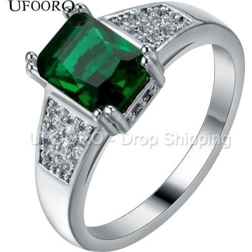 UFOORO Fashion silver plated jewelry rings for women 2017 Luxury large square cz green engagement jewelry women Bague rings