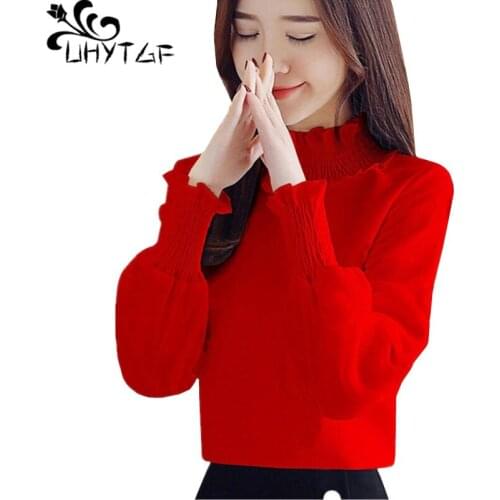 UHYTGF female T-shirt Long-sleeved pullover spring autumn t shirt women Korean Loose 3XL plus size top elegant women clothes 677