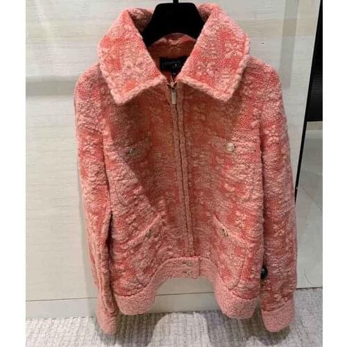 2021 Women Ladies Jacket Wool Zipper Jacket Cashmere Jacquard Pink Gold Short Jacket Turn Down Collar Fashion Warm
