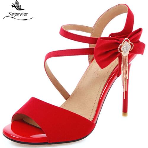 Sgesvier Sexy Women Sandals Peep toe Summer New Thin High heels Bowtie Wedding shoes woman sandalias mujer Size 31-46 G343
