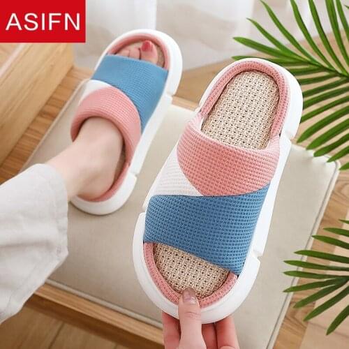 ASIFN Womens Hemp Cute Slippers Thick Bottom Platform Floor Non-slip Flat Soft Men Home Indoor Bedroom Shoes Chanclas Hombre