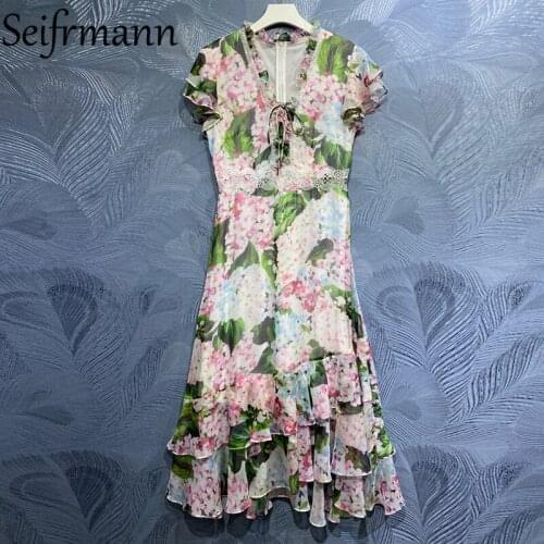 Seifrmann New 2021 Summer Women Fashion Designer Beach Holiday Long Dress Sexy V-Neck Ruffles Floral Print Ladies Party Dresses