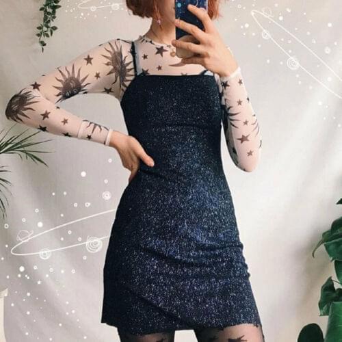 2021 Fashion Womens See Through Mesh Sheer Long Sleeve T-Shirts Moon Star Pirnt O Neck Crop Top T Shirt Tee