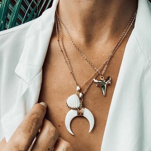 3 Pcs/Set Beach Fashion Necklaces Women Charm Multilayer Gold Shell Moon Geometry Pendant Necklace Boho Fashion Jewelry Gifts