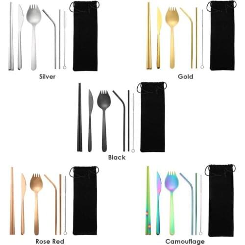 8pcs Portable Stainless Steel Tableware Dinnerware Travel Camp Cutlery Set