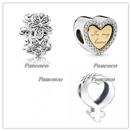 925 Sterling Silver Bead Charm Gold Color SHINE & Silver In My Heart Charm Fit Pandora Bracelet & Necklace Diy Jewelry