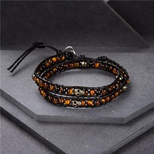 Genuine Leather Bracelet Bangle Skull Cuff Rope for Women Natural Tiger Eyes Agat Braided 2 Layers Stone Bracelets Jewelry B452