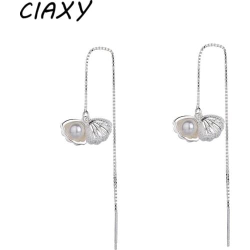 CIAXY 925 Sterling Silver Shell Earrings for Women Temperament Sweet Pearl Long Tassel Ear Line Chain Earrings Fresh Jewelry