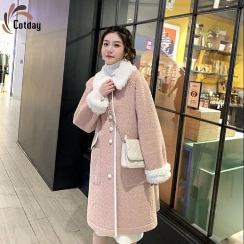 Cotday 2021 Women Pink Korean Style Loose Pink Beige Thick Winter Warm Sweet Student Imitation Wool Jacket Woolen Blend Coat