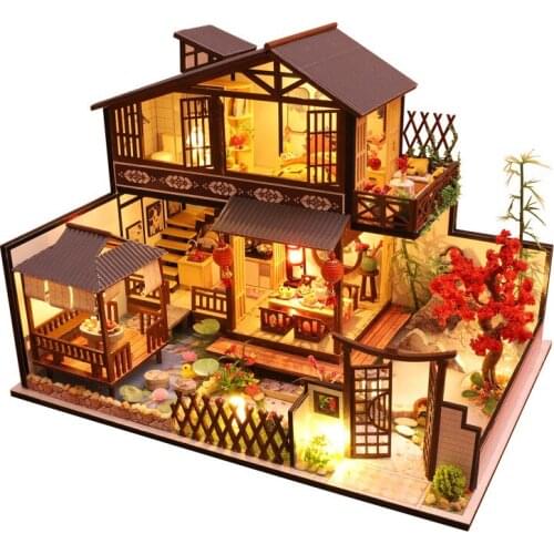 DIY Wooden Blocks Doll House Ancient Style Mansion Miniature Model Building Kit Toys Creative Birthday Christmas Children Gifts