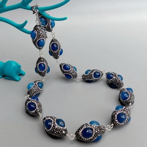 KKGEM 22" wrap Necklace Rice Style blue agate trimmed with black rhinestone Pave choker Necklace handmade for women