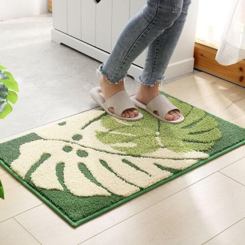 Bathroom Rug Home Entrance Door Mat Super Soft Bath Carpet Green Leaves Flocking Bath Mat Non-slip Absorbent Microfiber