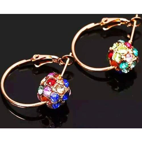 Colorful Rhinestones Round Ball Hook Pierced Earrings Gifts For Women Good Friend Present Hoop Jewelry Transfer Beads