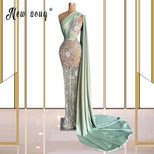 Muslim One Shoulder Mint Green Evening Dress with Cape Long Sleeves Arabic Prom Gowns Vestidos De Fiesta Flower Cocktail Dress