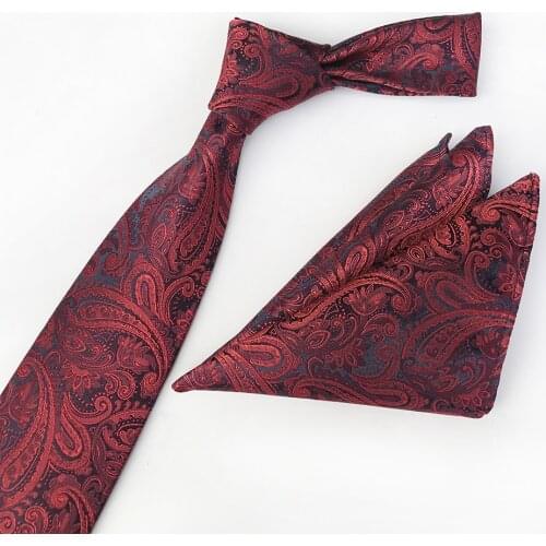 8cm Men Formal Necktie Set Red Classic Paisley Ties with Pocket Square for Banquet Party