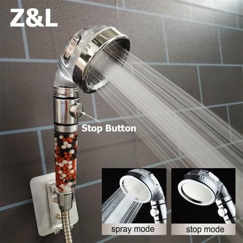 Z&L Bathroom 3 Function Adjustment Ionic Mineral Anion On/Off Switch Button Water Saving High Pressure Handheld Bath Shower Head