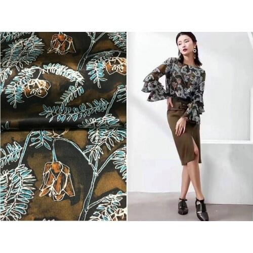 Natural Real Silk Spandex Satin Caramel Color Hand-Painted Flowers High-Definition Clothing Handmade DIY Fabric New Summer