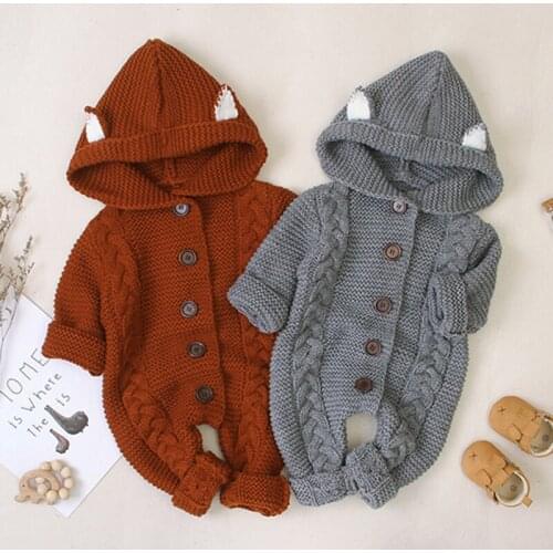 2020 Autumn Winter Baby Boys Girls Pure Color Hooded Rompers Clothes Children Baby Boy Girl Kids Knitting Long Sleeve Romper