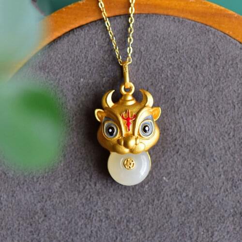 Year of the Ox Popular National Fashion Hetian Jade Peace Buckle Cow Head Pendant Ancient Silver Gold Inlaid with Jade Natural P