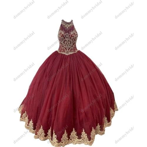 Stunning Gold Embellished Lace Embroidered Quinceanera Dresses Halter Ball Gown Tulle Princess for Women Formal Party Prom Dress