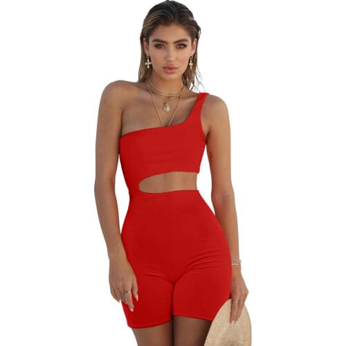 Sexy Solid Hollow Out Short Jumpsuit Skew Collar Sleeveless Side Hole Playsuits Night Club One Piece Fashion Outdoor Streetwear