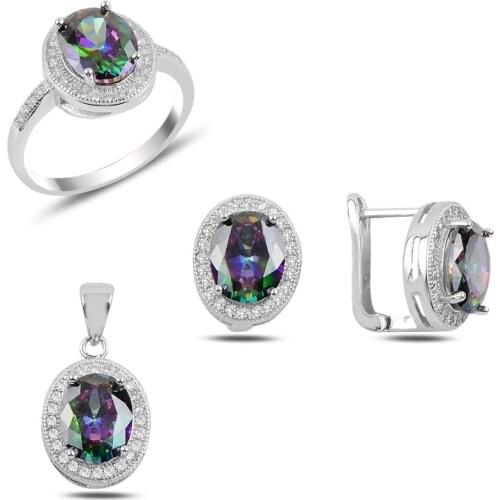 Silver 925 Sterling Mystic Topaz Zirconia stone Engagement Set