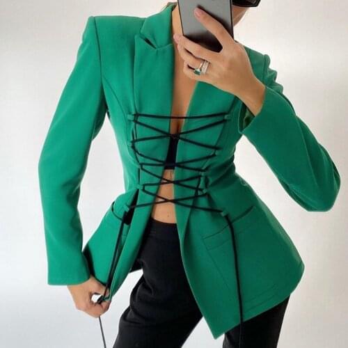 Special Criss-cross Lace Up Suit Jackets 2021 New Sexy Hollow Out Notched Elegant Commute Suits Coat Big Pockets Casual Blazer