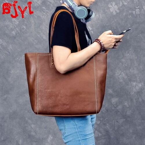 New Mens Handbags Leather Horizontal Shopping Tote Bag Retro Leather Male Large Capacity Shoulder Bag Men Computer Bags Vintage