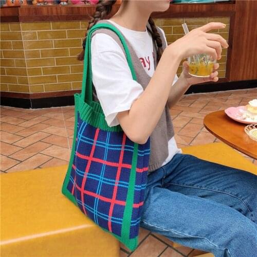 Bump-color knitted womens one-shoulder bag Weaving blue plaid wool bag womens bulk shopping handbag bag
