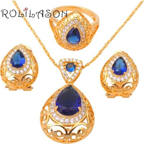 ROLILASON Gold Tone Blue zirconia Crystal Health Nickel & Lead free Earring Necklace Ring size #6.75 #7.5 #8.5 Jewelry Set JS307