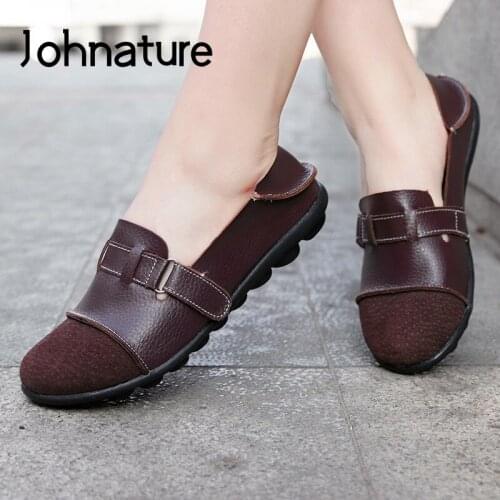 Johnature New Spring 2020 Flats Women Shoes Buckle Strap Round Toe Patchwork Casual Shallow Leisure Concise Soft Ladies Shoes