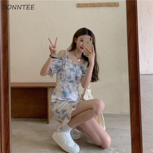 Tie Dye Dress Women Mini Sexy Slim Slash Neck Puff Sleeve Sweet French Style Streetwear Trendy Empire Lace-up Elegant Leisure